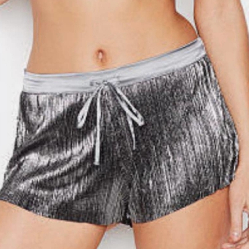 Victoria's Secret Shine Pleated Sleep Shorts Metallic Silver &‎ Gray Size L Sexy